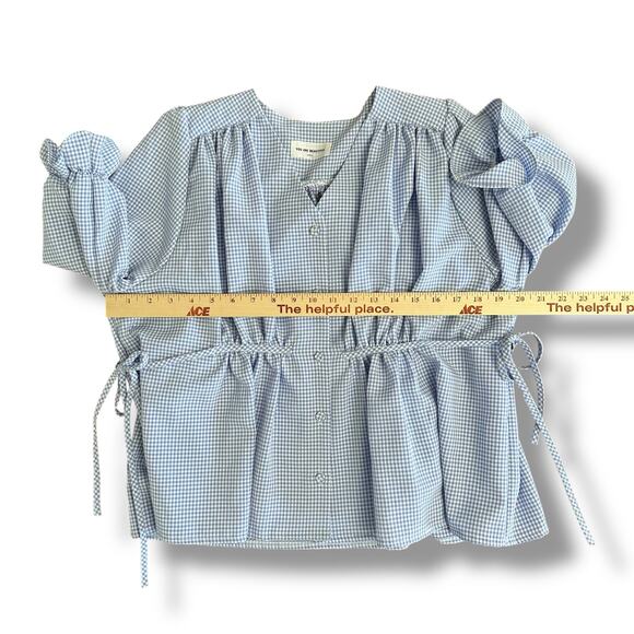 YOU ARE BEAUTIFUL Seoul Blue Gingham Puff Sleeve Waist Tie Blouse Top M - Picture 3 of 7